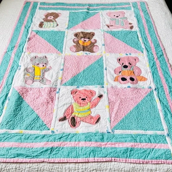 44”x54” Homemade Kids Cotton Quilt, Teddy BearQuilt Blanket.